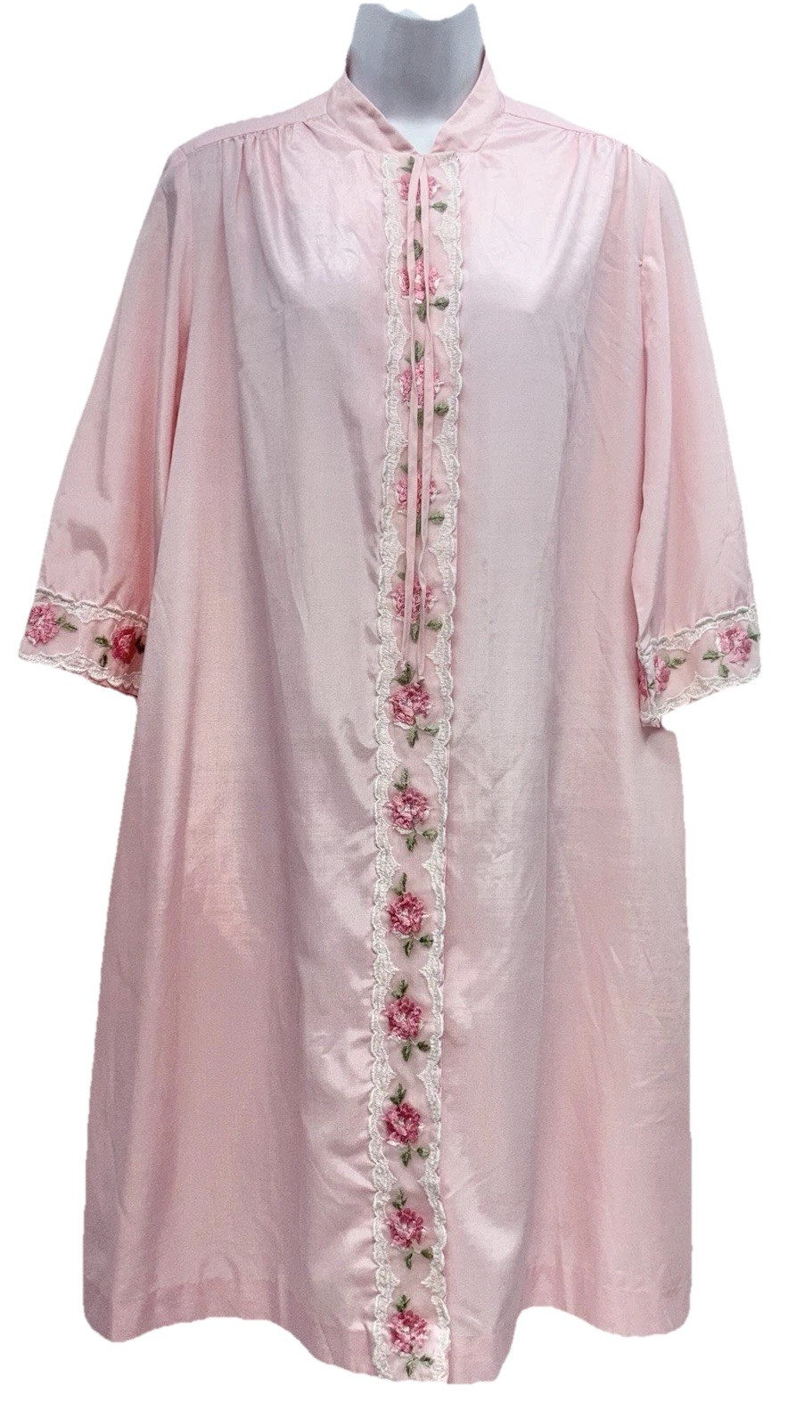 Vintage Loungees Women Size 12 Snap Button Up 3/4 Sleeve Embroidered Robe Pink