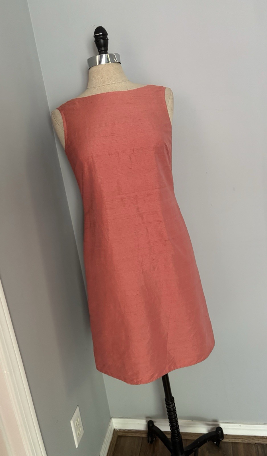 Vintage 90s 100% Raw Silk Shift Dress Peach Coral Minimalist Tailored Classic