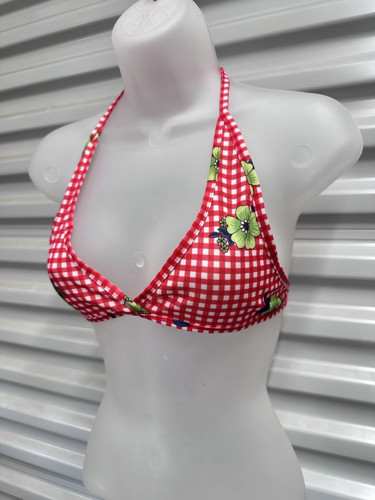 True Vintage 1970s String Bikini Halter Top Red White Gingham Floral XS – S – M