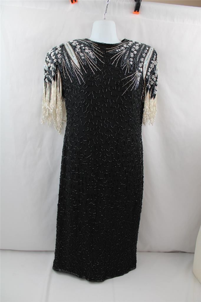 VINTAGE WOMAN AJ BARI BLACK BEAD SILK FLAPPER DRESS SZ 4~FLORAL~SHEATH~PEARLS