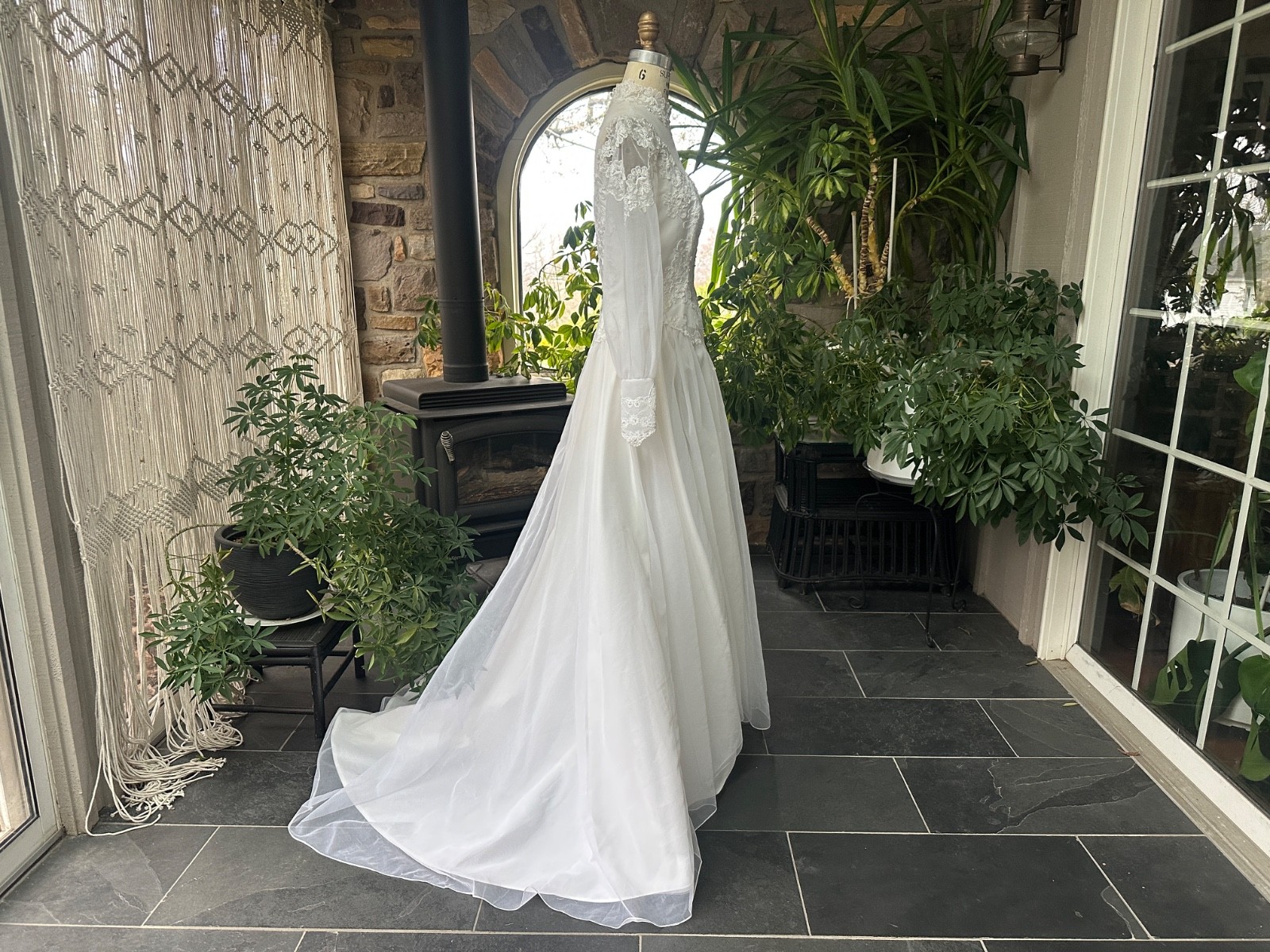Vintage 1970s White High Neck Nylon Chiffon and Lace Wedding Gown