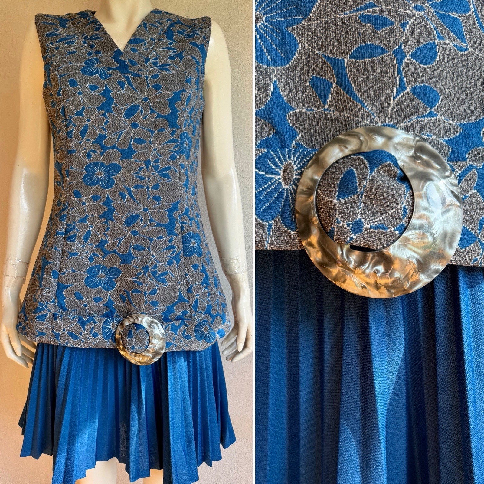 Vintage 1960s MOD DRESS Flower Power Print Mary Dobbs Pleated Hem Lucite Buckle