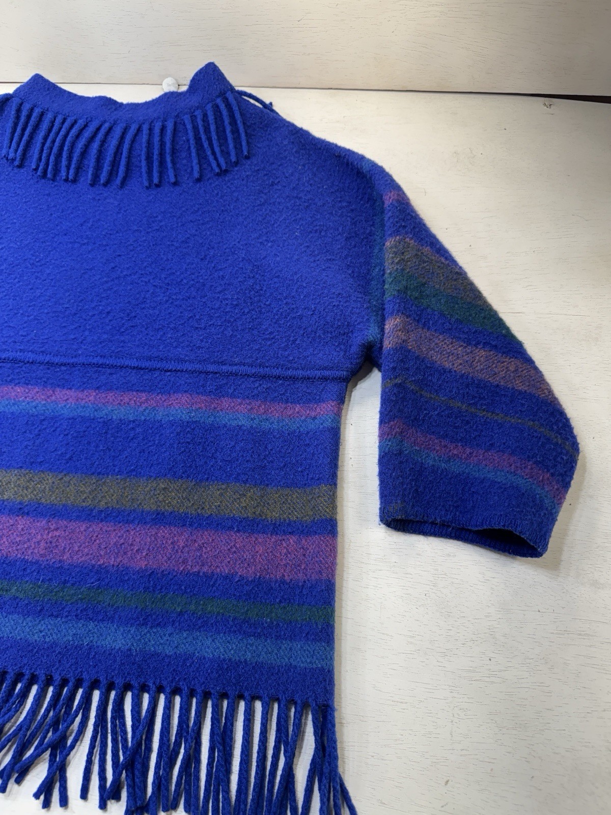 Vintage Lapp Lander Fringed Blanket Sweater Blue 100% Wool Norway 40