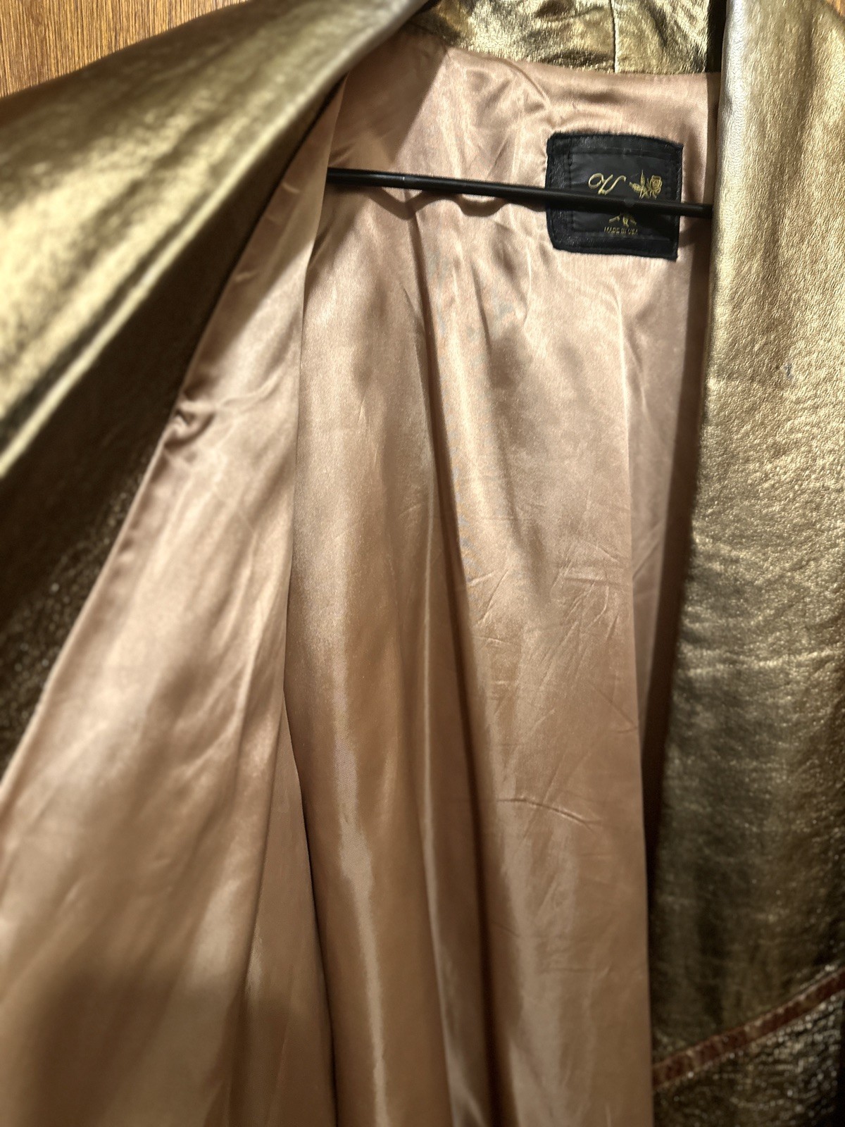 VTG 80s Kanar Gold Lame Metallic Leather Swing Coat Hollywood Glam XL / 2XL
