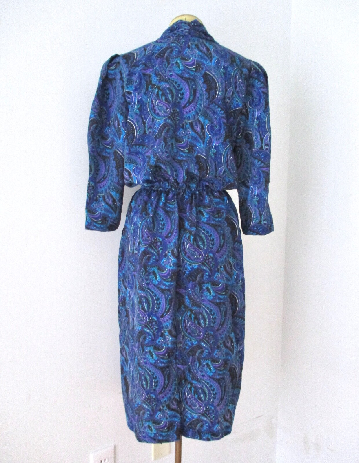 Vtg 80s purple blue paisley silky poly secretary dress pockets elastic waist PM