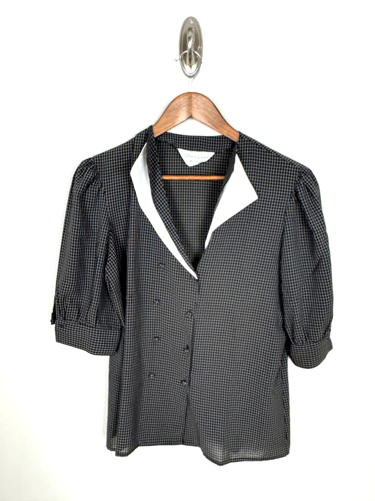Ship 'n Shore Black White Plaid Vintage Blouse, Marked Size 14, Size L