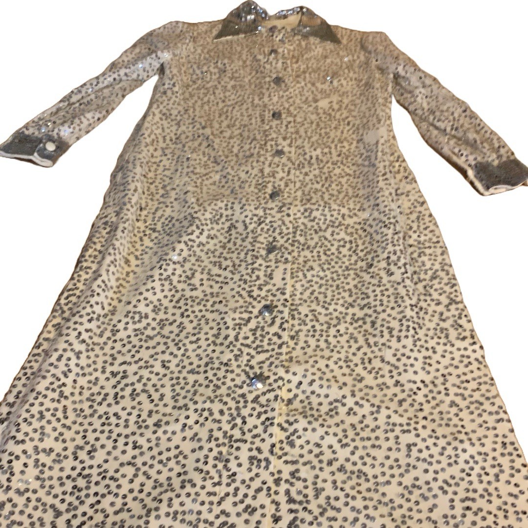 VINTAGE 1960’S CREAM & SILVER SEQUIN LONG SLEEVE PARTY DRESS SIZE SMALL