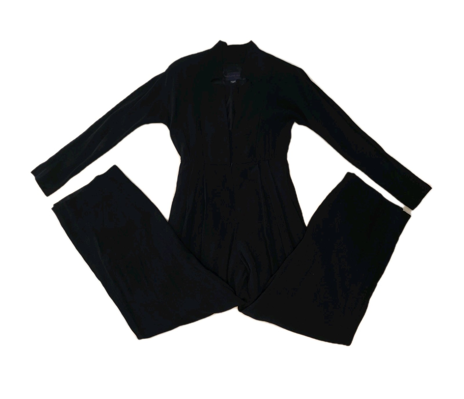 VTG Caroline Roehm Dark Navy Jumpsuit Lined Deep V Wide Leg Long Sleeve 29 Waist