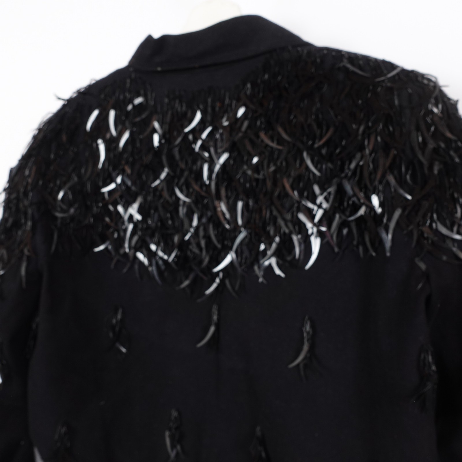 Vintage Modi Denim Feather Sequin Jacket Women Size Large Black Beaded Fringe
