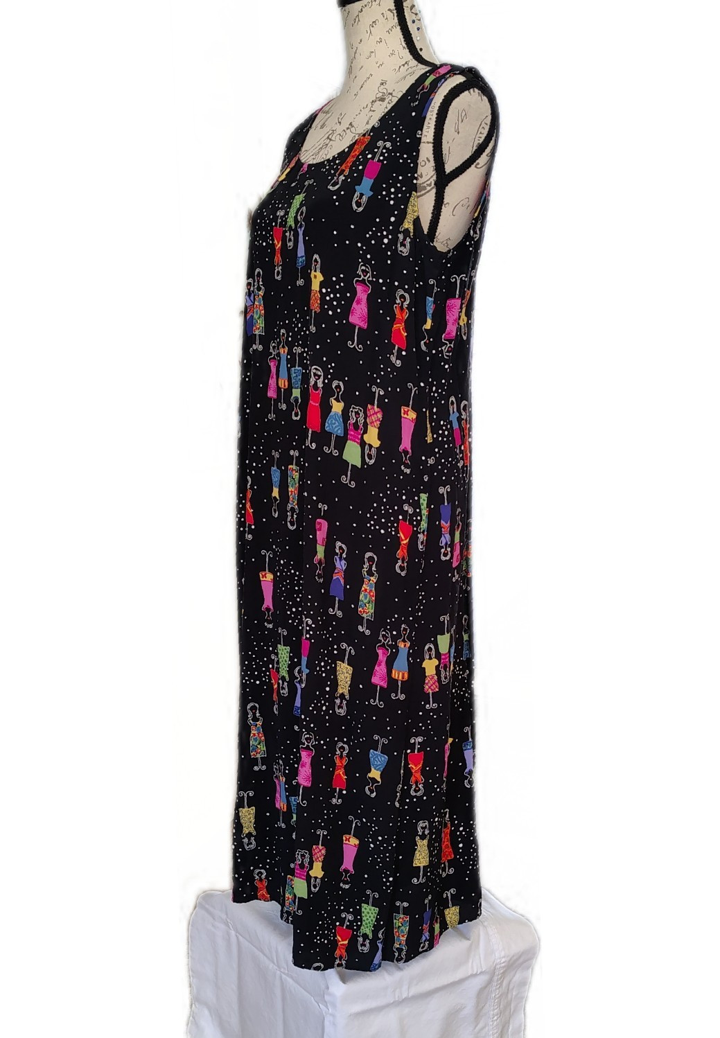 Vtg 90s Carol Anderson Petites Rayon Shift Dress L Figurative Art Novelty Print