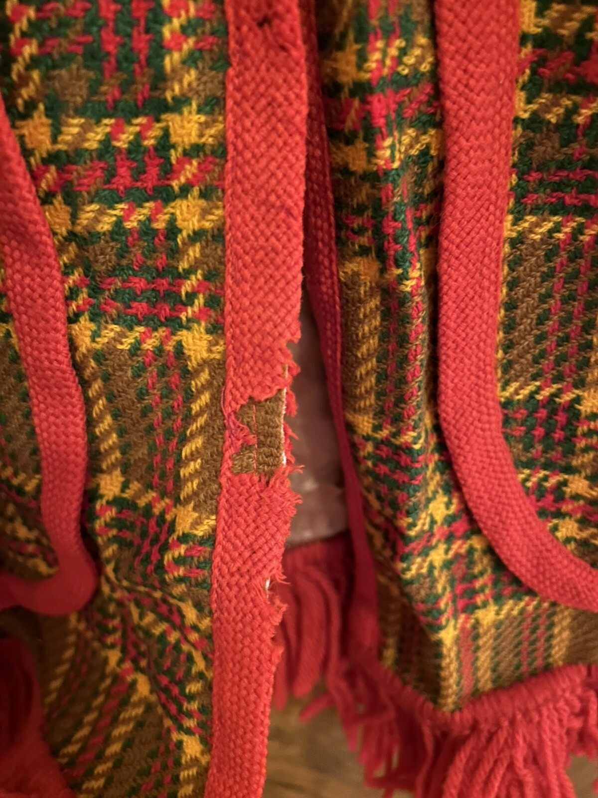 Vtg mid century plaid cape jacket fringe groovy modern boho needs repair on trim