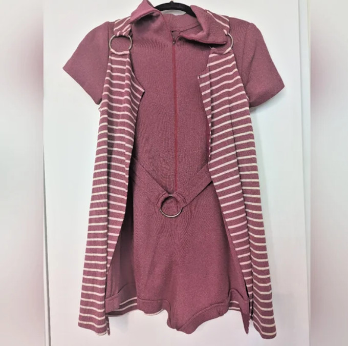 Union Made Vintage Maroon White Jumper Dress w/Striped Vest Sz 9 Maroon/Burgundy