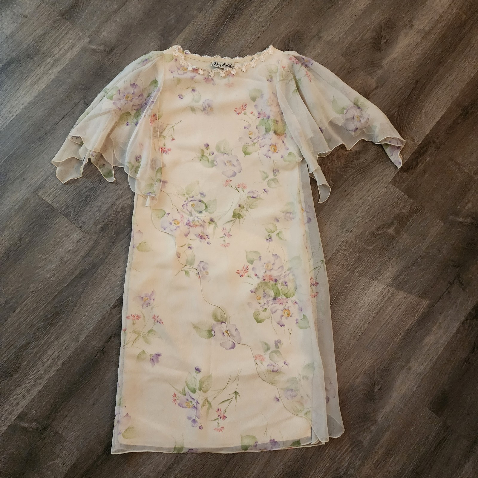 Vintage Miss Ashlee Floral Chiffon Dress 5 / 6 S Cottagecore Fairycore Lace 80s