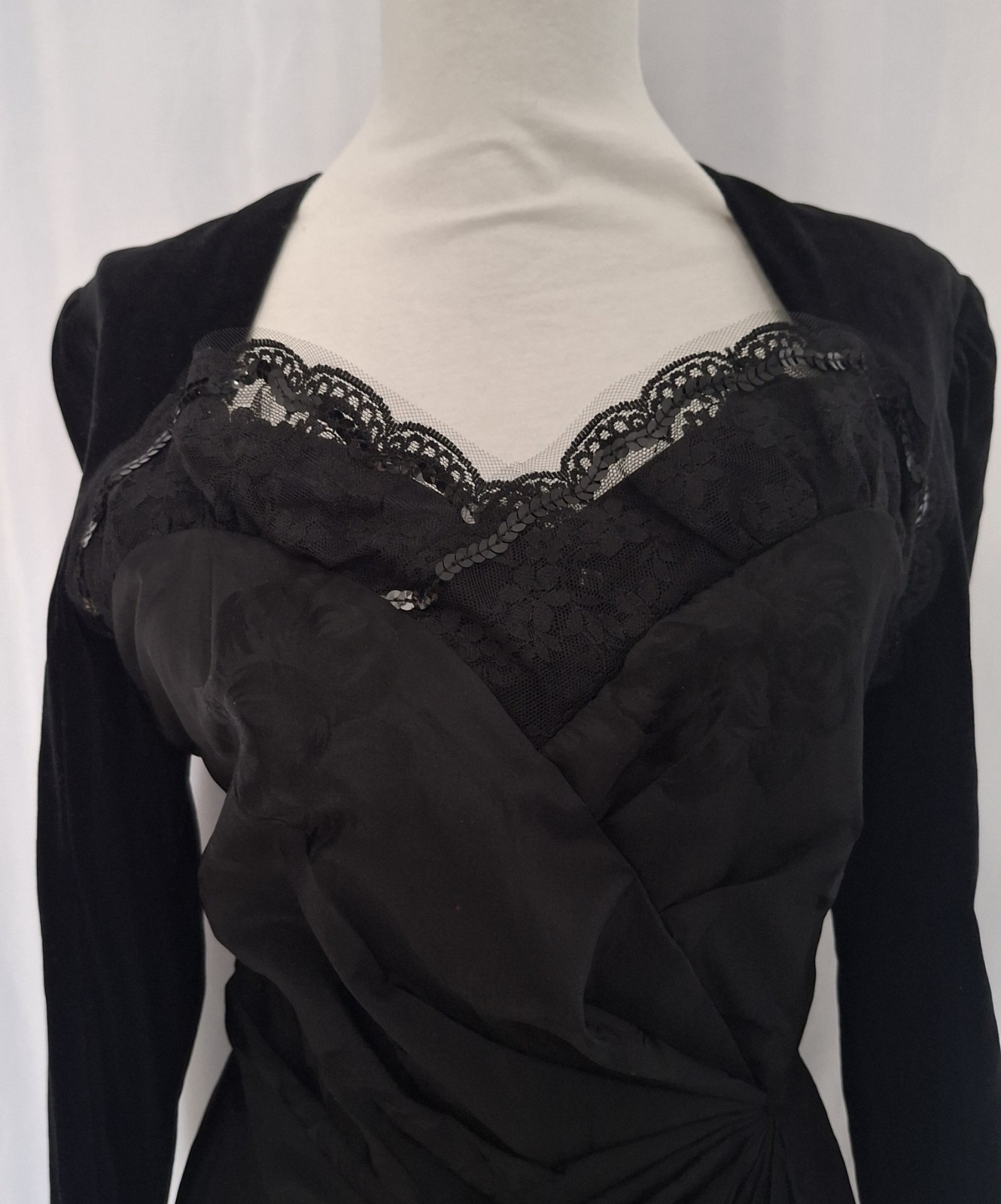 Vtg 80s Does 50s Black Tulip skirt sweetheart bust shirred waist pinup dress 12