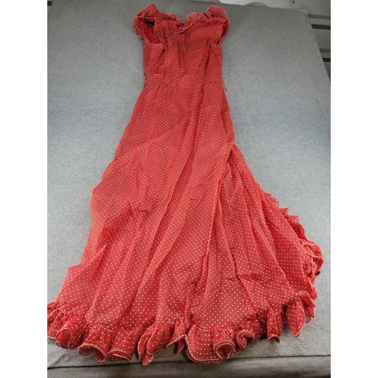 Vintage Red Polka Dot Ruffle Maxi Dress Womens Size 9 V-Neck Cascading Ruffles