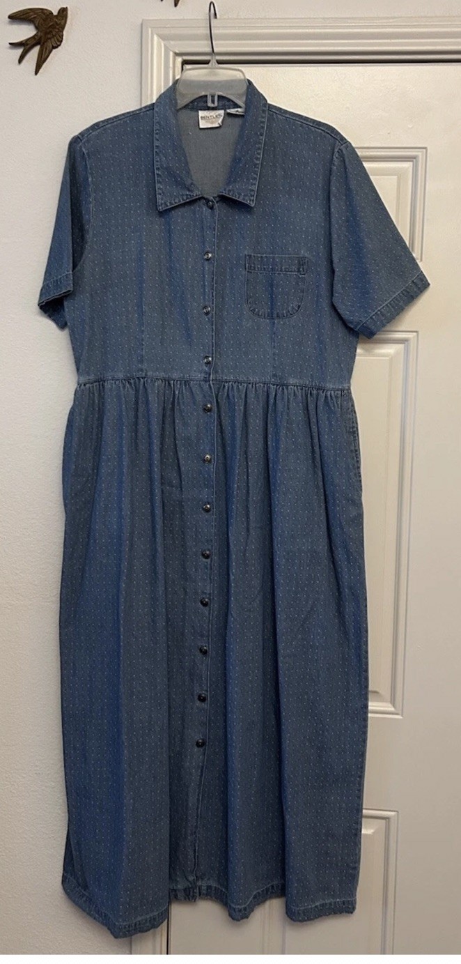 Vintage 90’s Bentley Denim Market Midi Modest Dress ~ Polka Dot ~ Womens 14