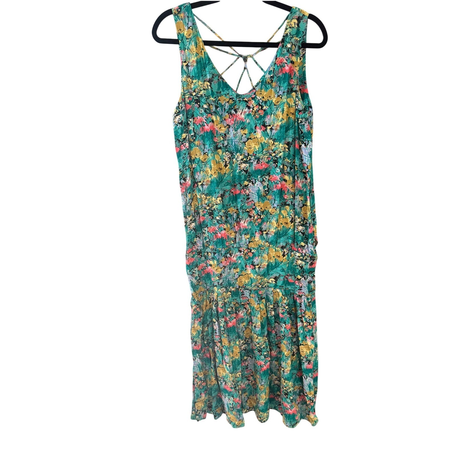 Michelle Stuart Vintage Floral Rayon Midi Dress Teal Multi Strappy Back 9/10