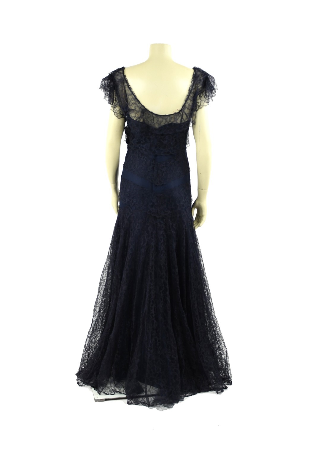Vintage 40s Sheer Navy Blue Floral Lace Tiered Ruffle Art Deco Evening Dress S M