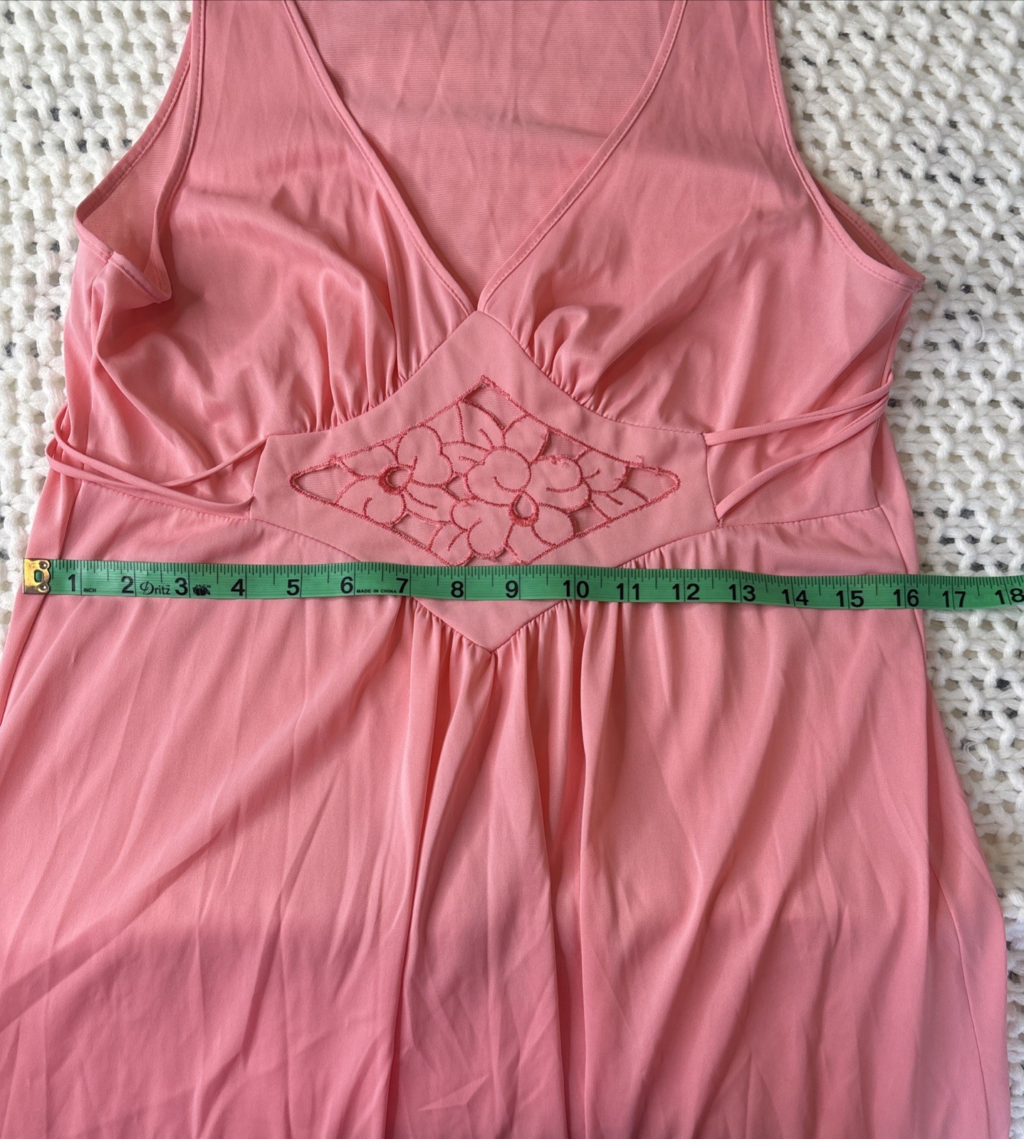 Vintage Avian Nylon Maxi Nightgown, Embroidered Cut Out, Pink, V Neck, Size S