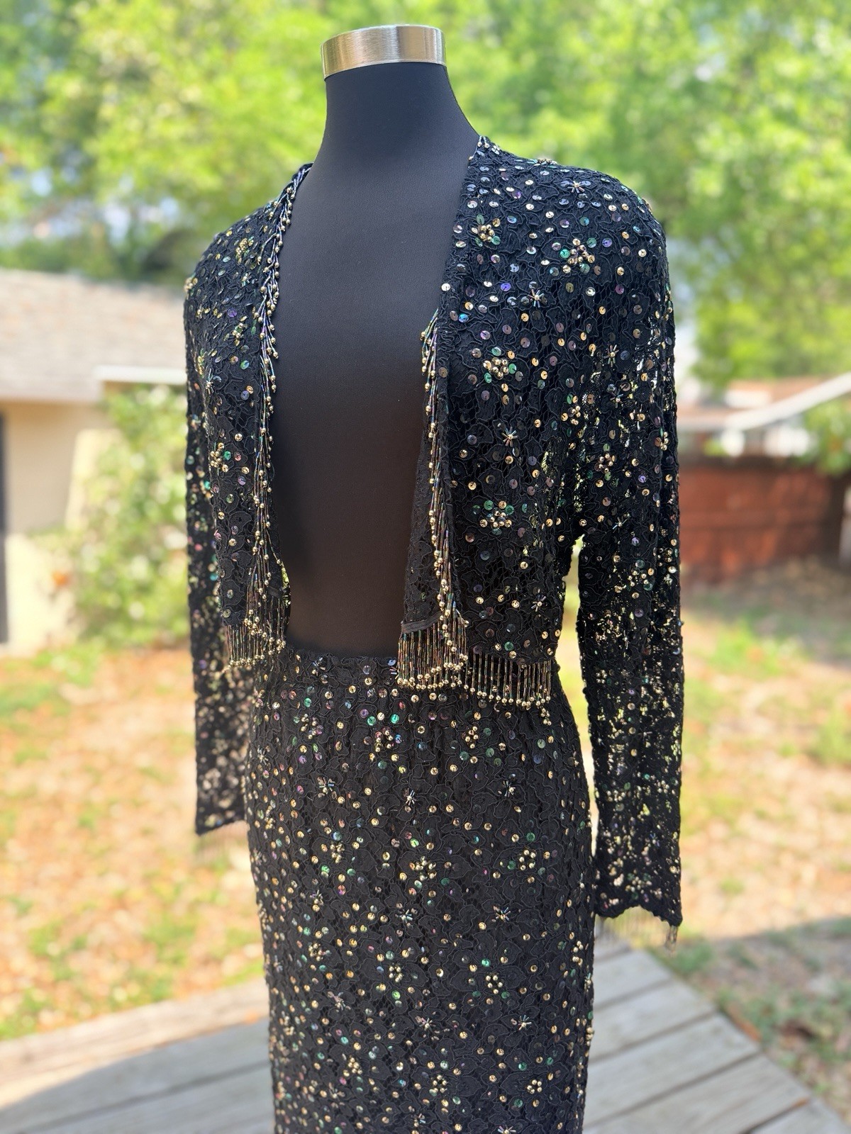 Vintage 1980s Vivienne Tam Crochet Lace Sequin Beaded Fringe Skirt Set
