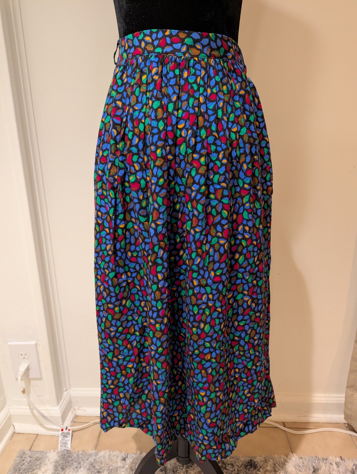 Vintage 1980s Pliers Womens Skirt Black Blue Green Brown Leaf Abstract Small