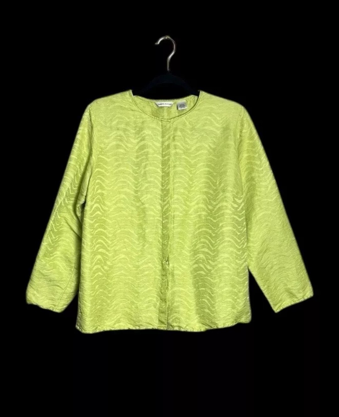 90s Laura Ashley Silk Linen Green Jacquard Button down Long Sleeve Top PS Spring