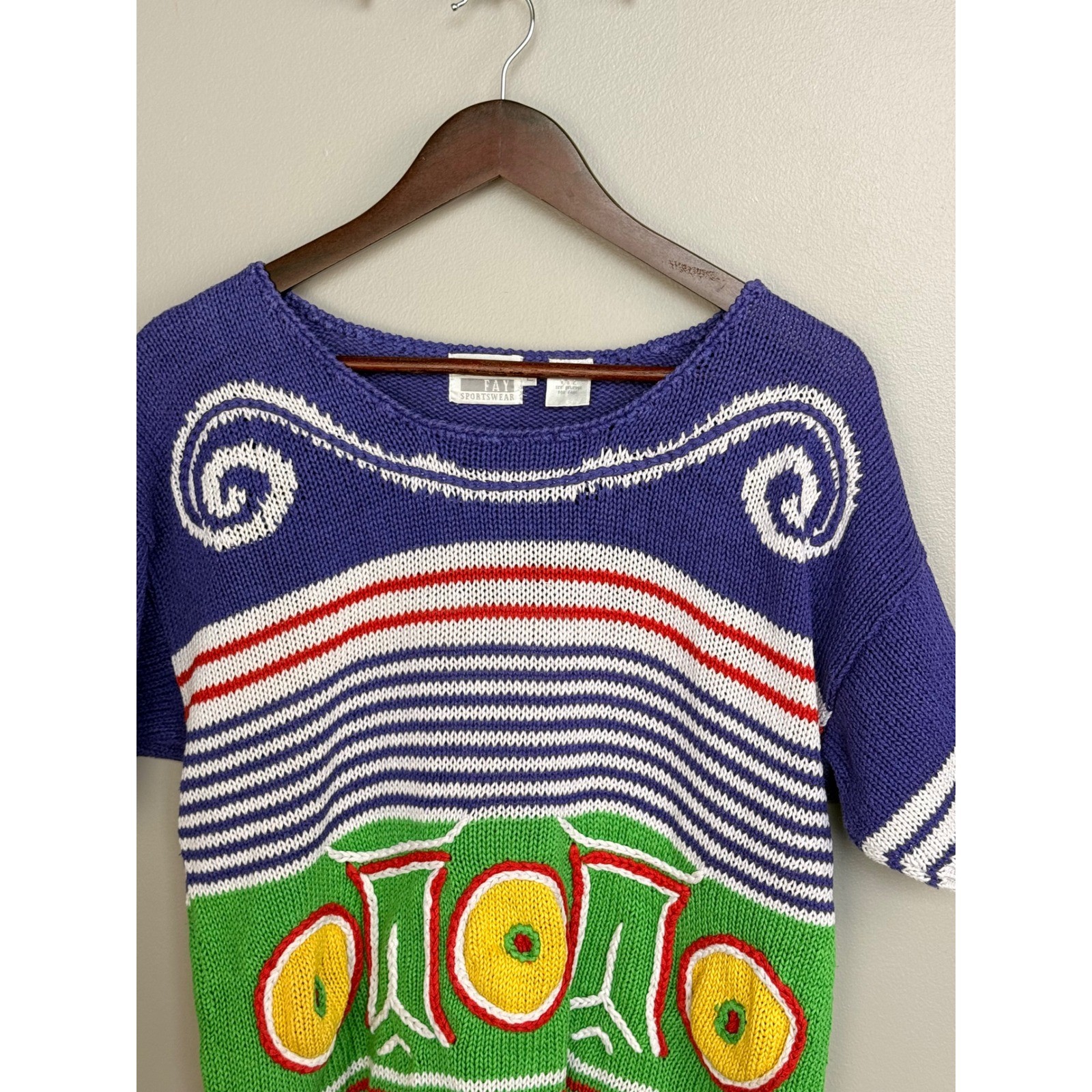 Leslie Fay Vintage 90s Knit Sweater Top Short Sleeve Colorblock Embroidered L