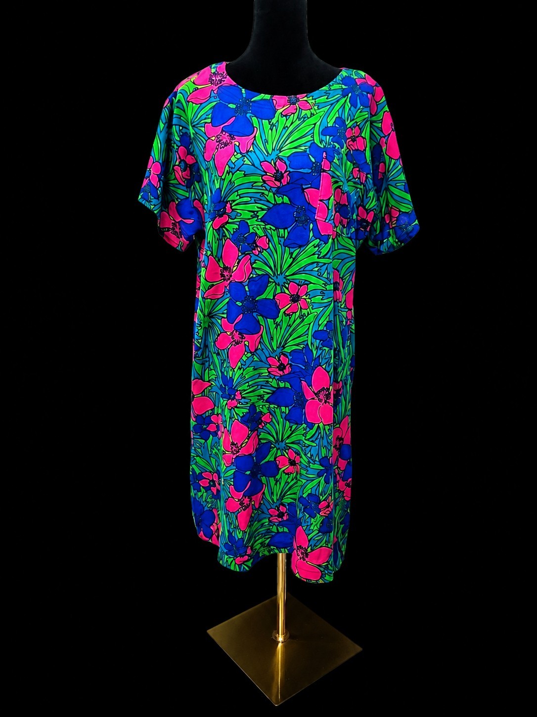 Vintage 60s 70s Psychedelic Mod Floral Dress Neon Pink Blue Green Shift VTG