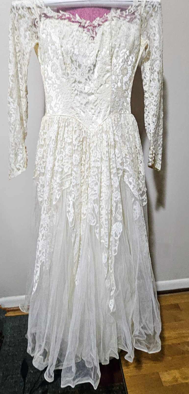Vintage 50s Maurer Wedding Dress Tulle Lace Button Up Cottage Core
