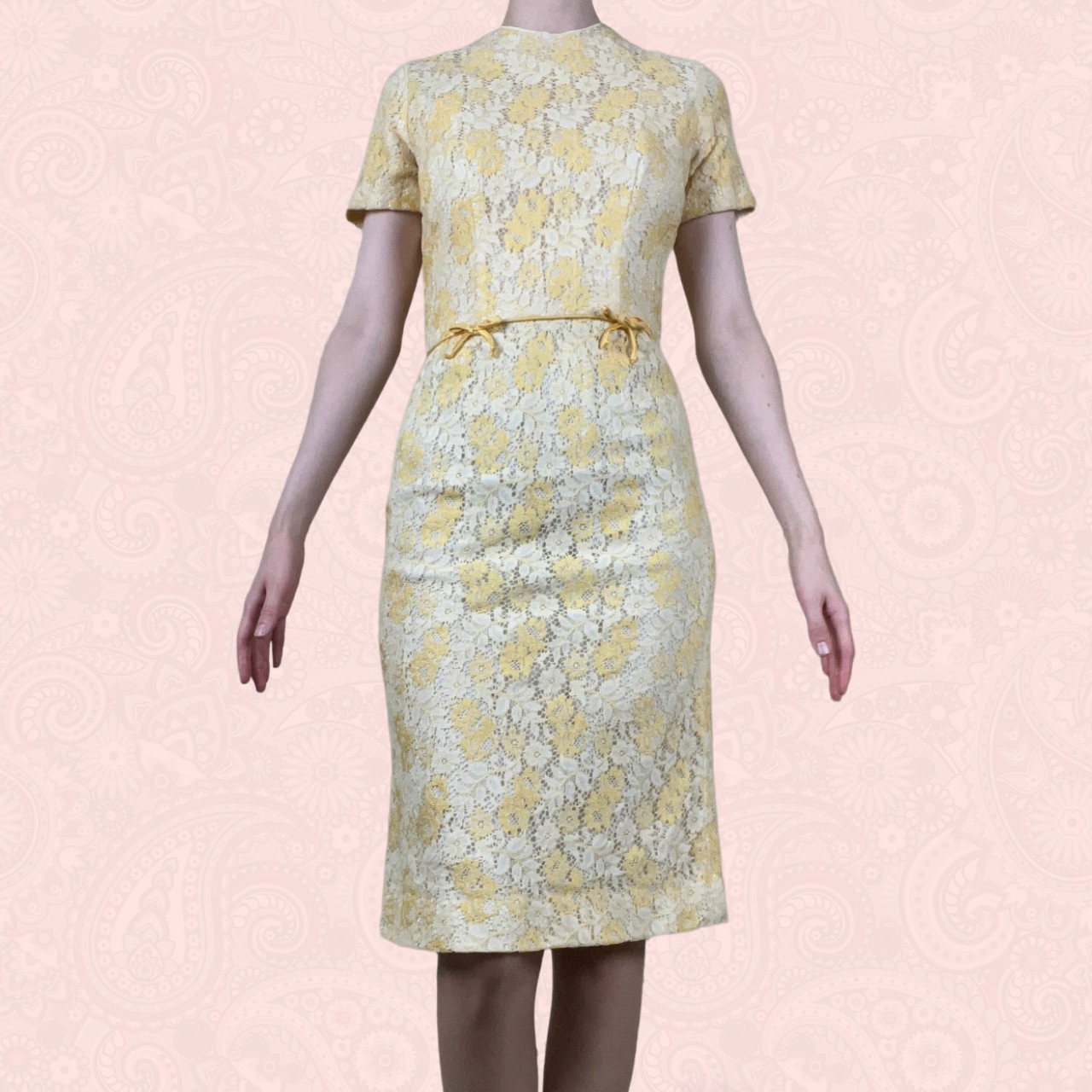 Vintage 60s 70s Yellow Cream Floral Lace Fitted Wiggle Short Sleeve Dress XS