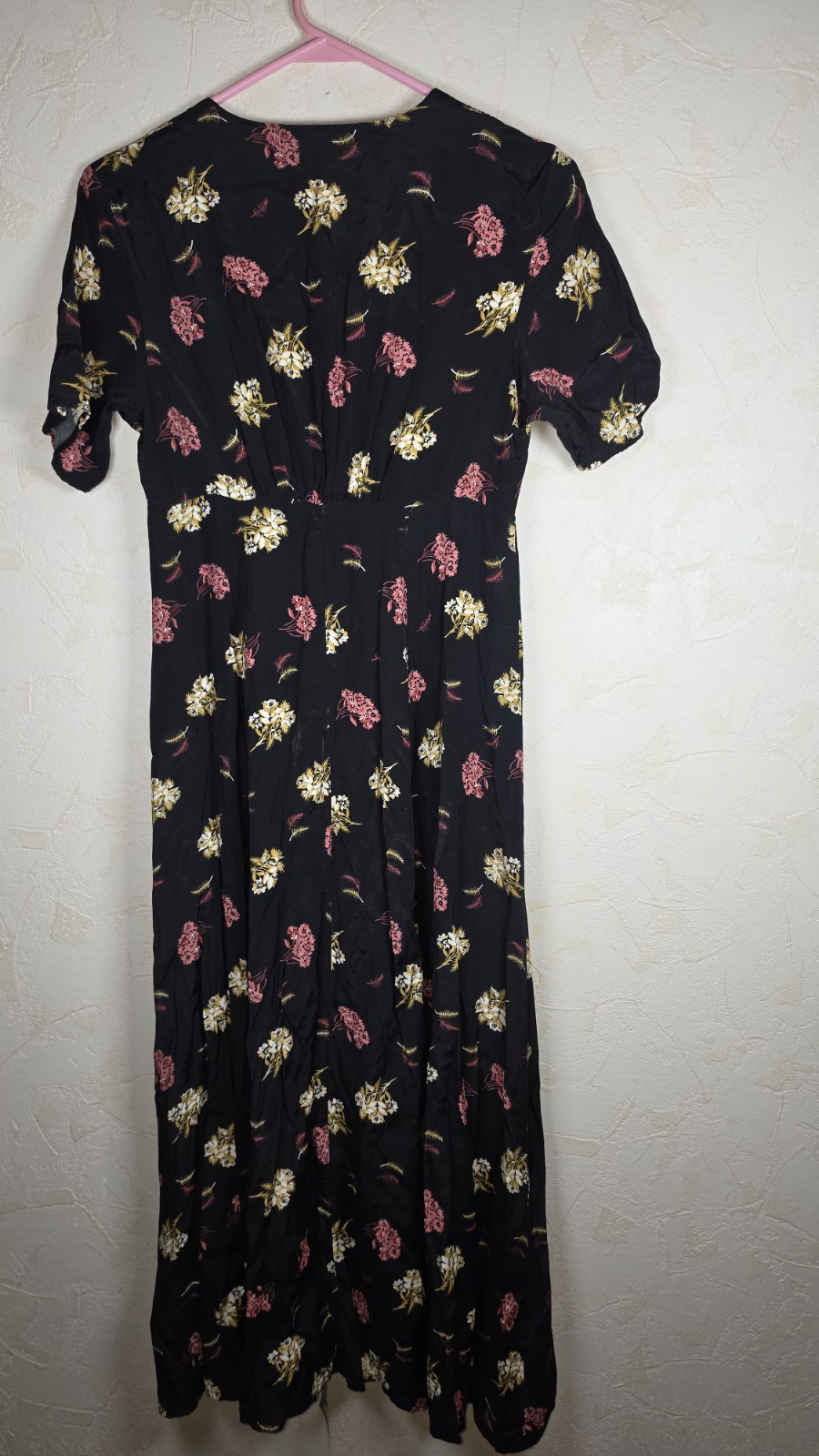 Vtg Sostanza Black Floral Button Front Short Sleeve Maxi Dress 90s grunge Small