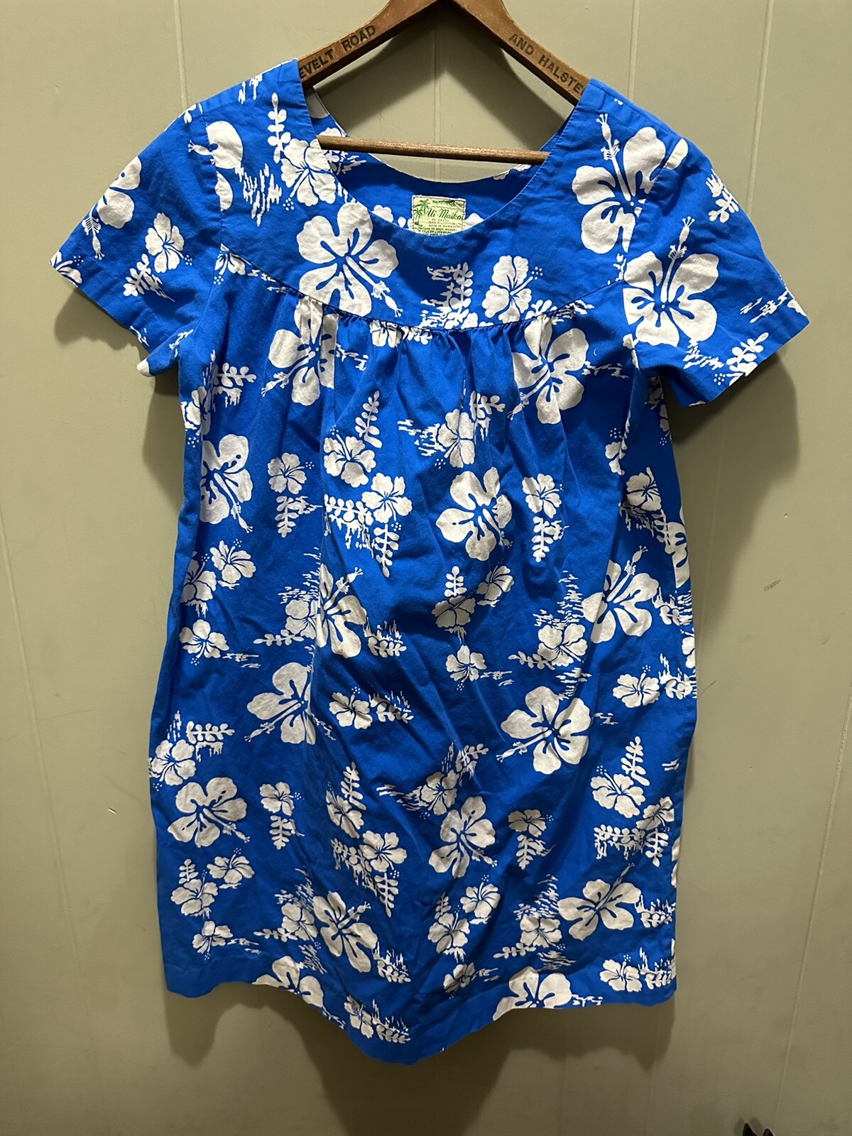 Vintage 60s Ui-Maikai Floral Hawaiian Dress Mumu Sky Blue No Size Cotton