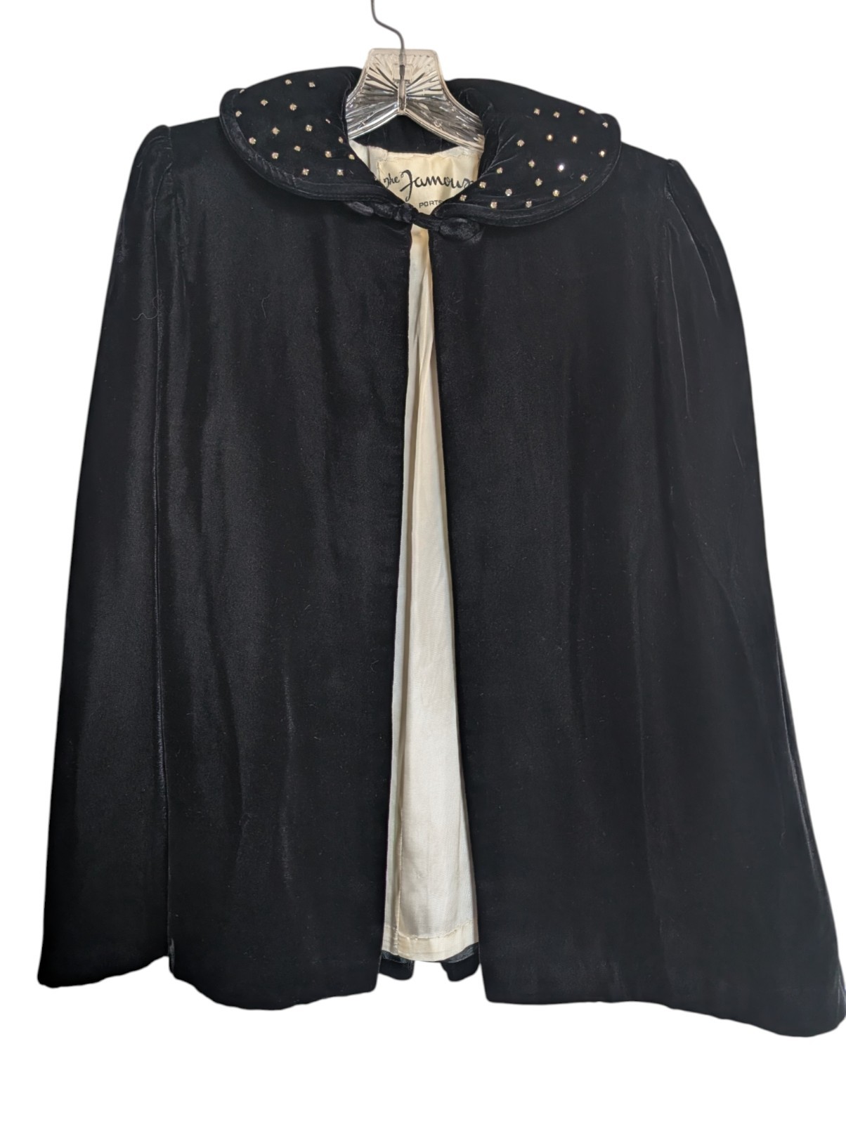 Vintage Black Velvet Cape Shrug Rhinestone Collar 50s Formal Gothic Whimsygoth