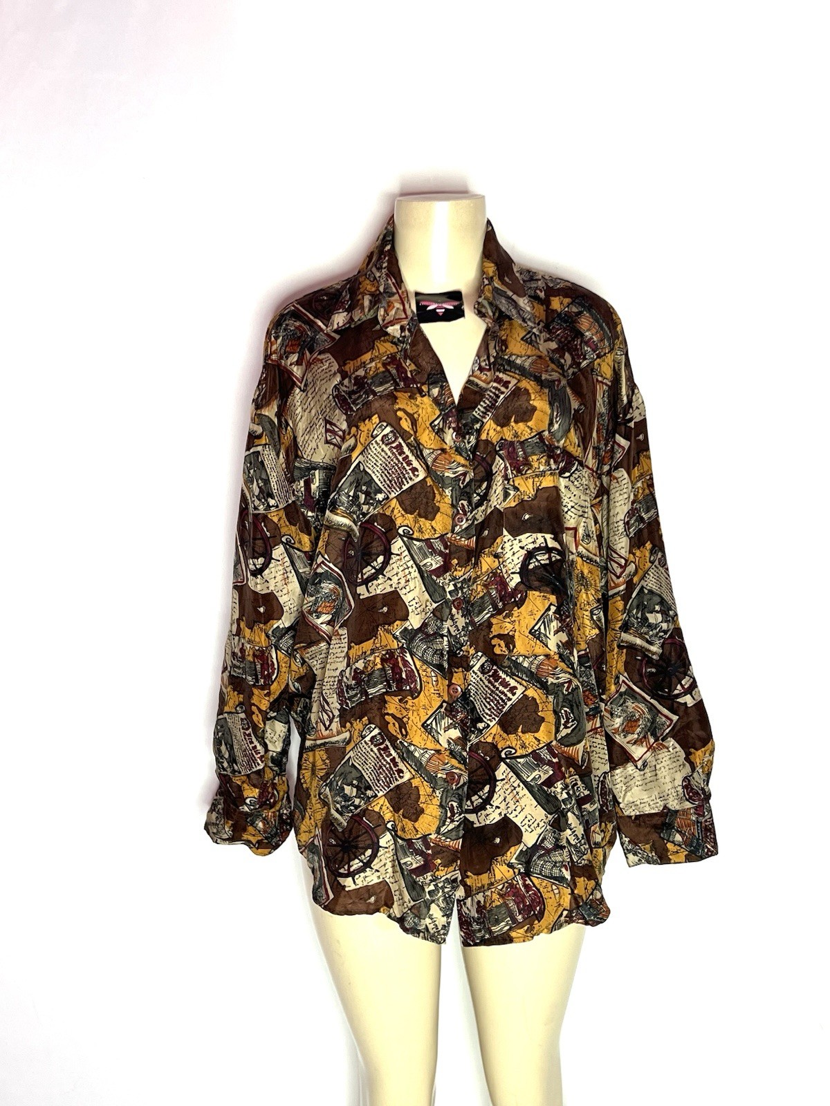 VINTAGE JACK MULQUEEN BROWN MULTI COLOR PRINT 100% SILK BLOUSE SIZE MED