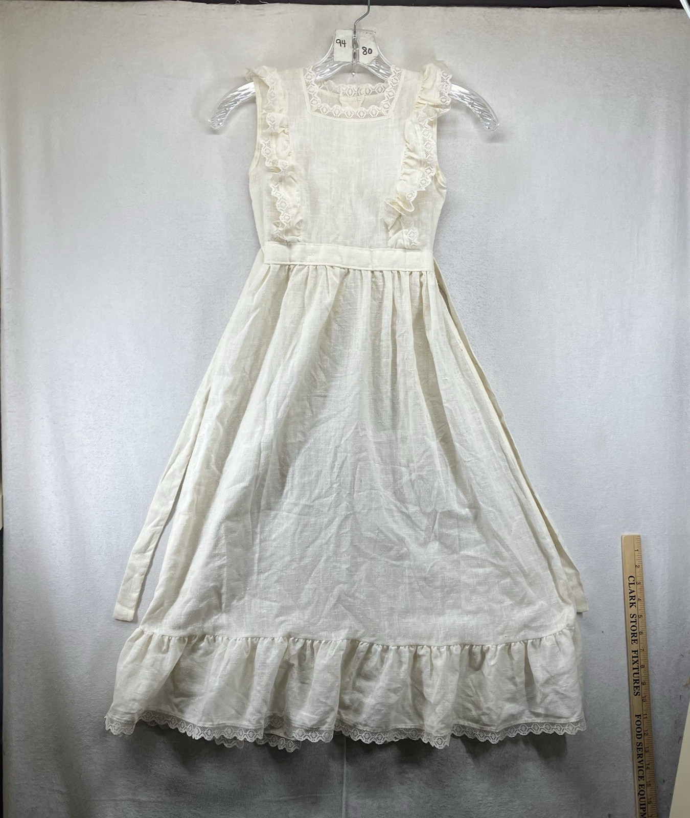 Vintage Dress Lace Accents Light Burlap Style Tie Back VERY SMALL 25×40