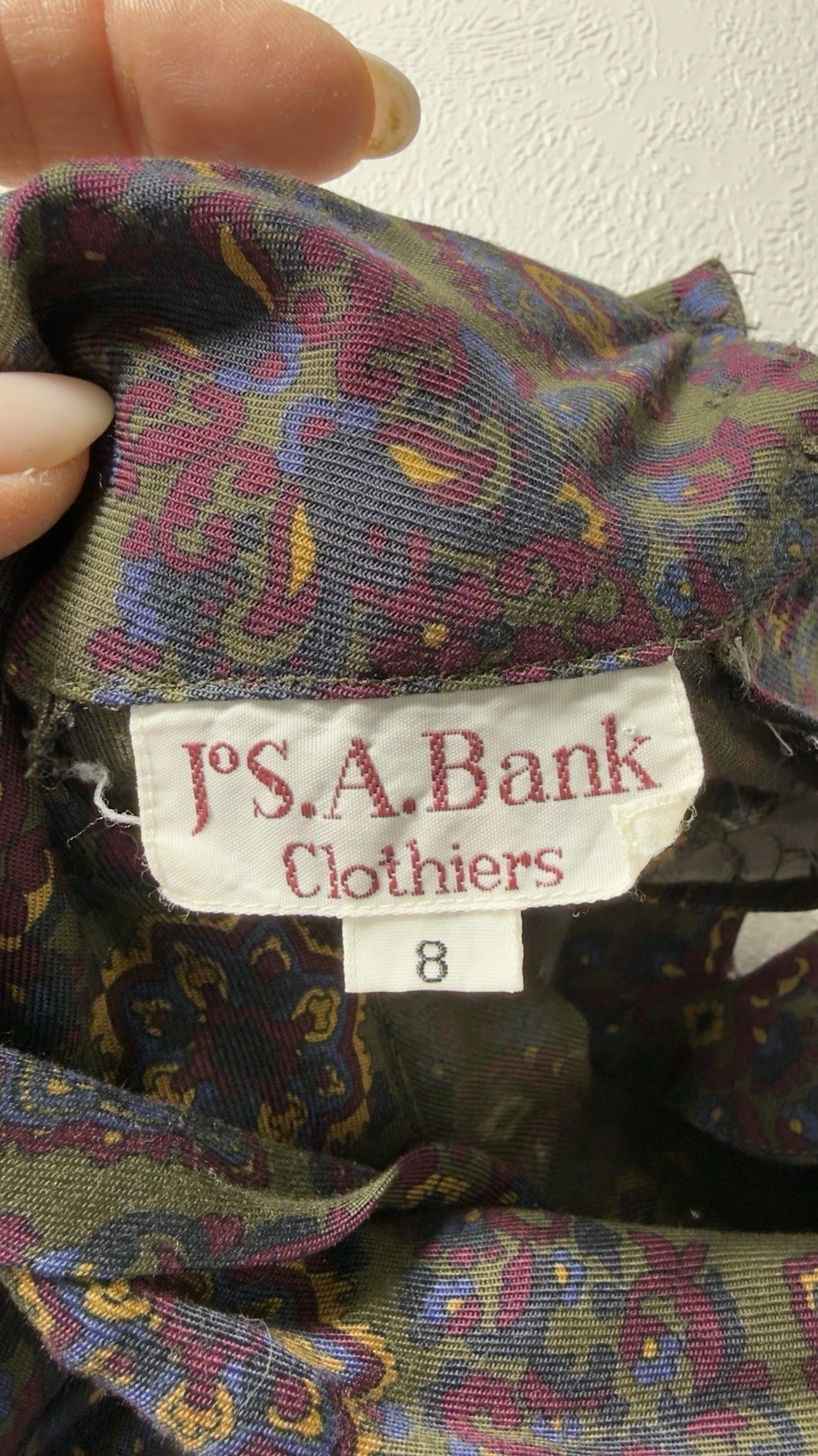 VTG Jos A Bank Skirt Suit 8 Rayon Burgundy GeometricP Paisley Mock Neck Jewish