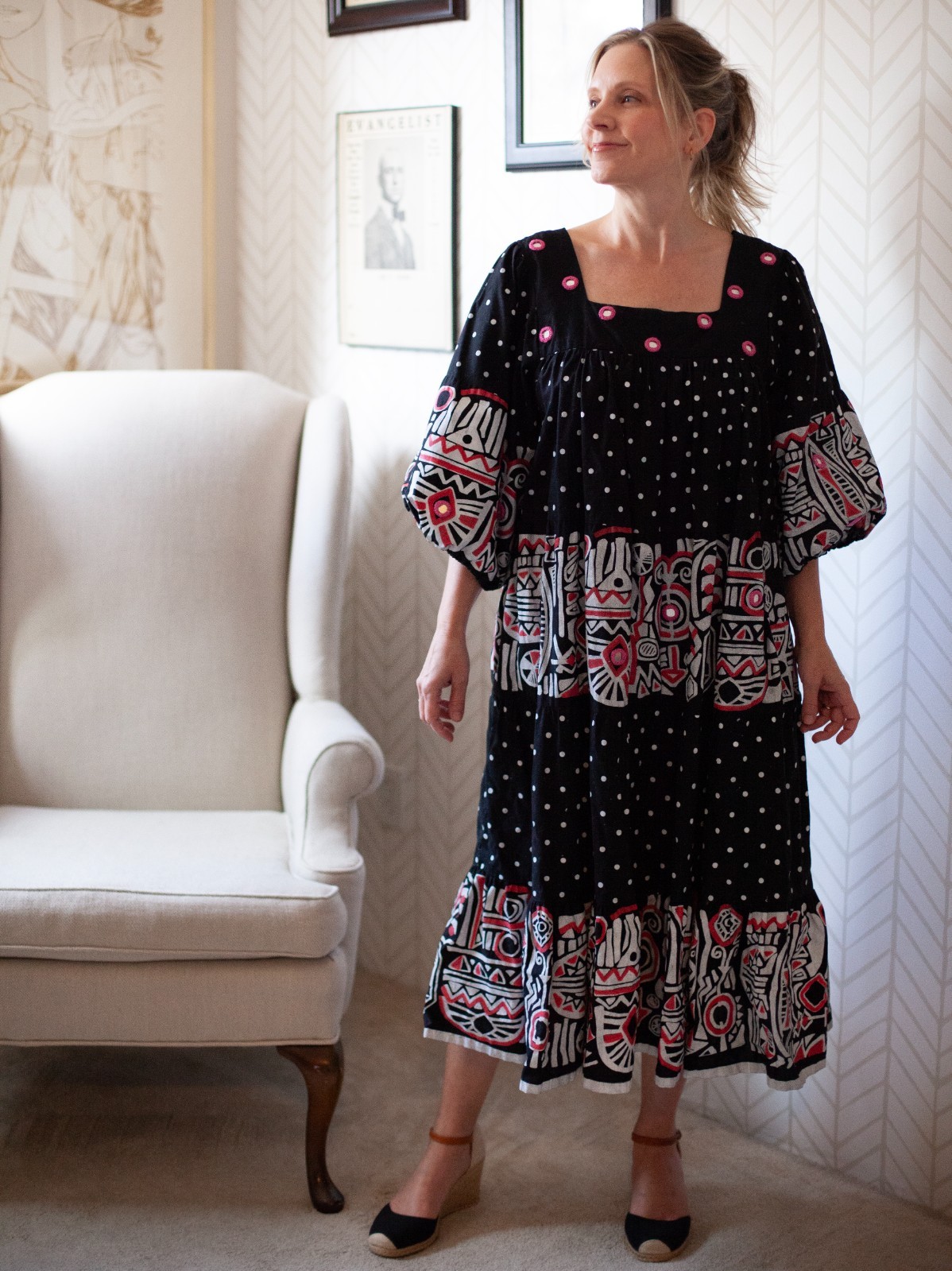 1970s Ramona Rull Women’s Vintage Cotton Printed Shift Dress Florentine Neckline