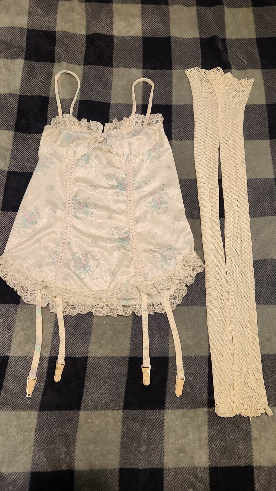 Vintage Cream Floral Lingerie Top and Original Fishnets Small Women’s Nan Flower