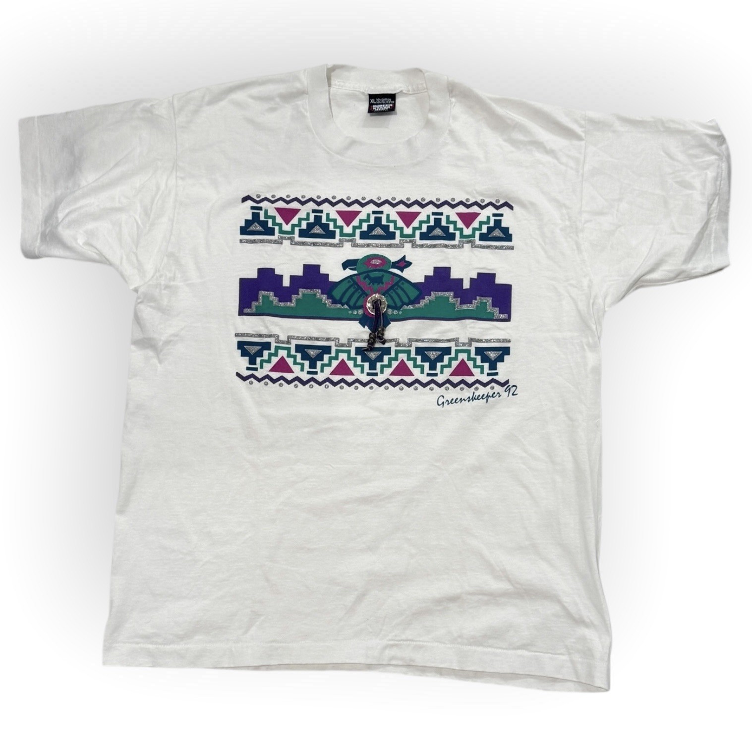 Vintage 80s Southwest Native American Aztec T Shirt Tassel Glitter USA