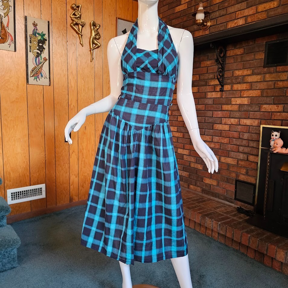 Vtg 1950s Shelf Bust Halter Windowpane Plaid Rockabilly Sundress Day Dress XS/S