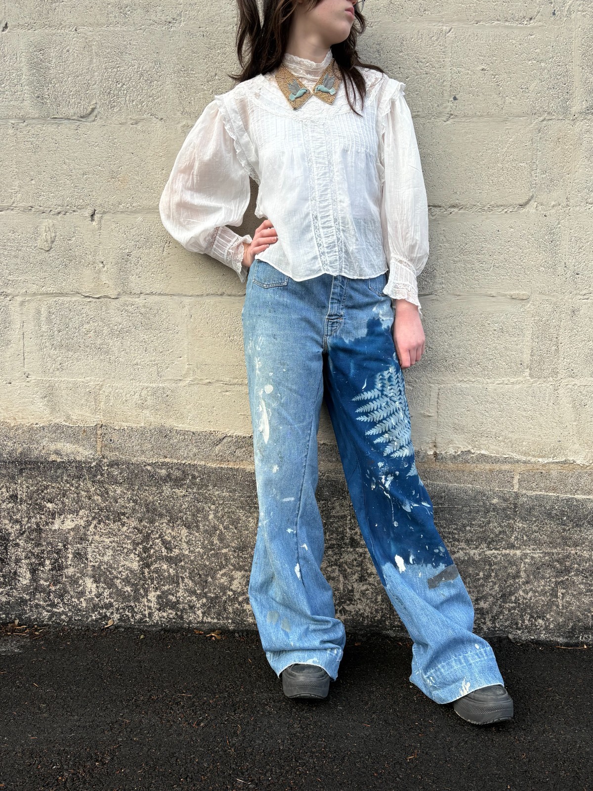 Vintage 1970s Wide Leg Upcycled Art Jeans Cyanotype Embroidery Paint Thrashed 28