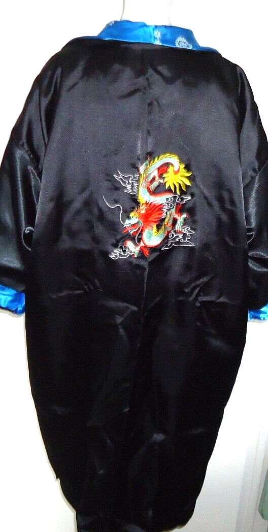 Unisex Asian Midi Kimono Embroidered Dragons Kimono Coverup Reversible O/S