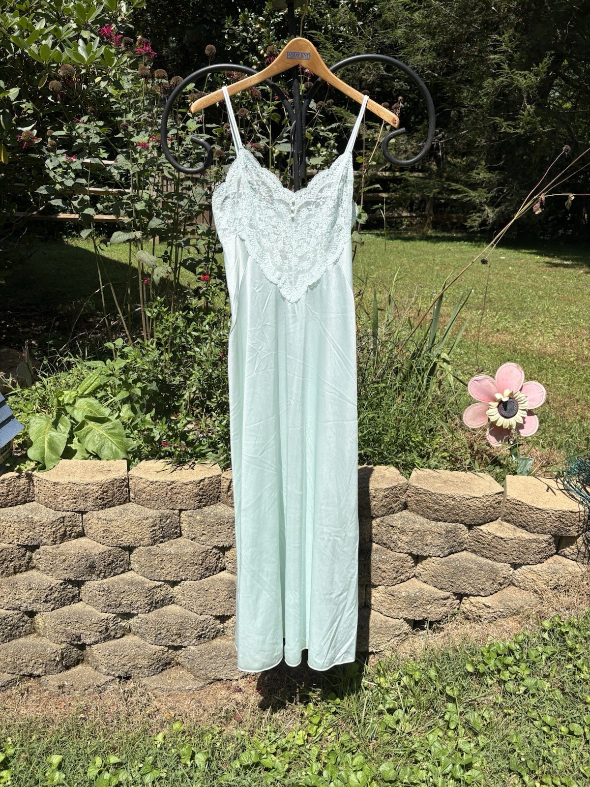 Vintage Baby Blue Long Satin Lace Gown Nightgown Intimates Size Medium