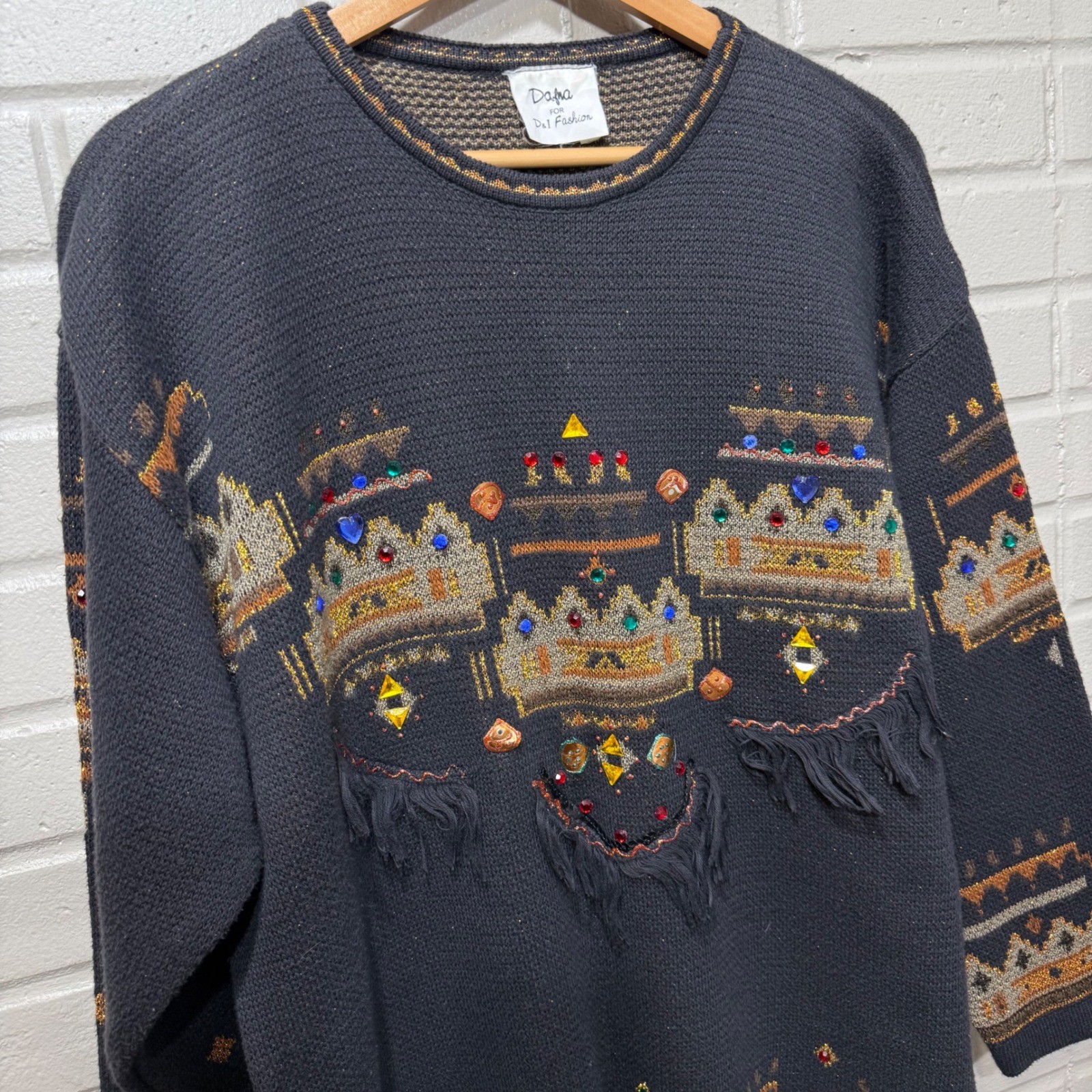 Vintage Dafna D&I Israel Jeweled Fringe Metallic Knit Sweater Med Black 80s 90s