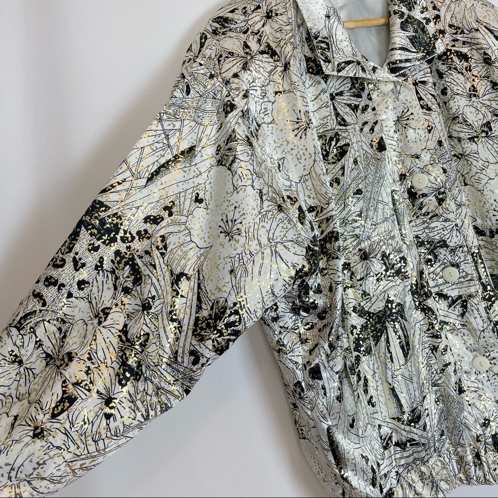 Vintage 80s Jacket Metallic Floral White Gold Black Windbreaker Sparkly Eclectic