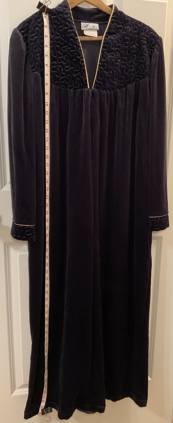 Vintage Mode Elle Velour Robe Housecoat Whimsy Goth Medium Blue With Gold Stitch