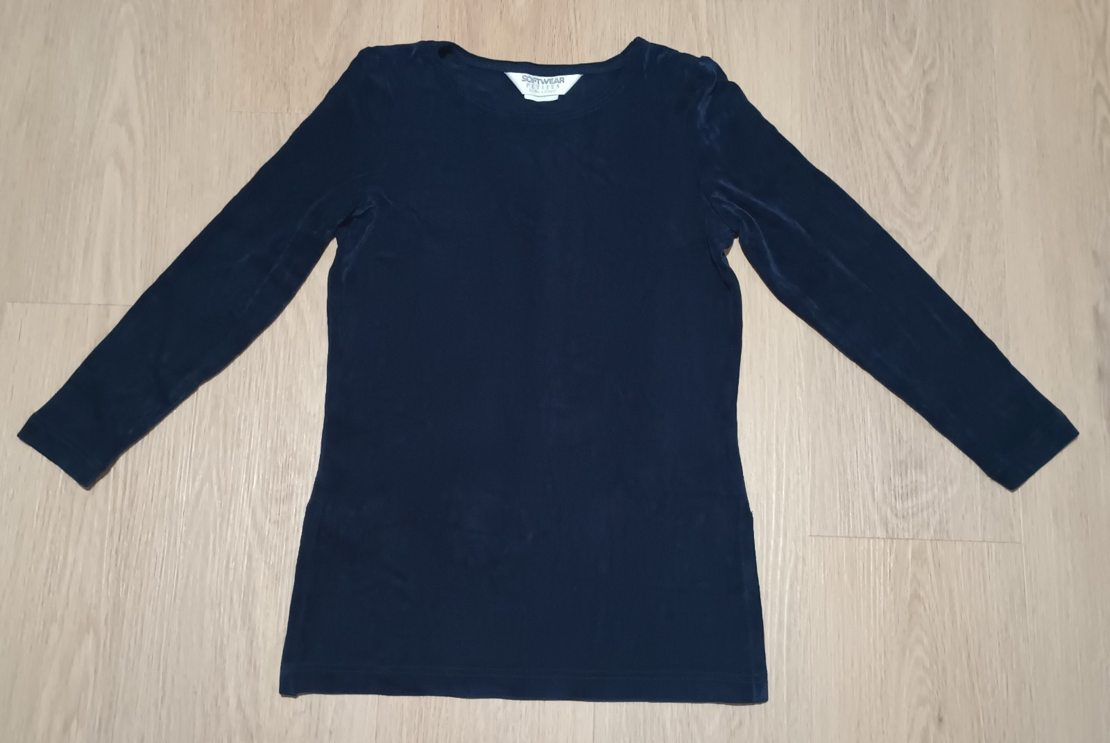 Vtg 80s 90s SOFTWEAR PETITES Stretch Navy Blue Tunic Top S P