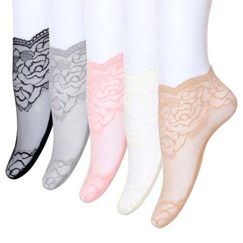 5 Pairs Soft Sheer Lace Ankle Socks Lightweight Mesh Ruffle Socks Breathable