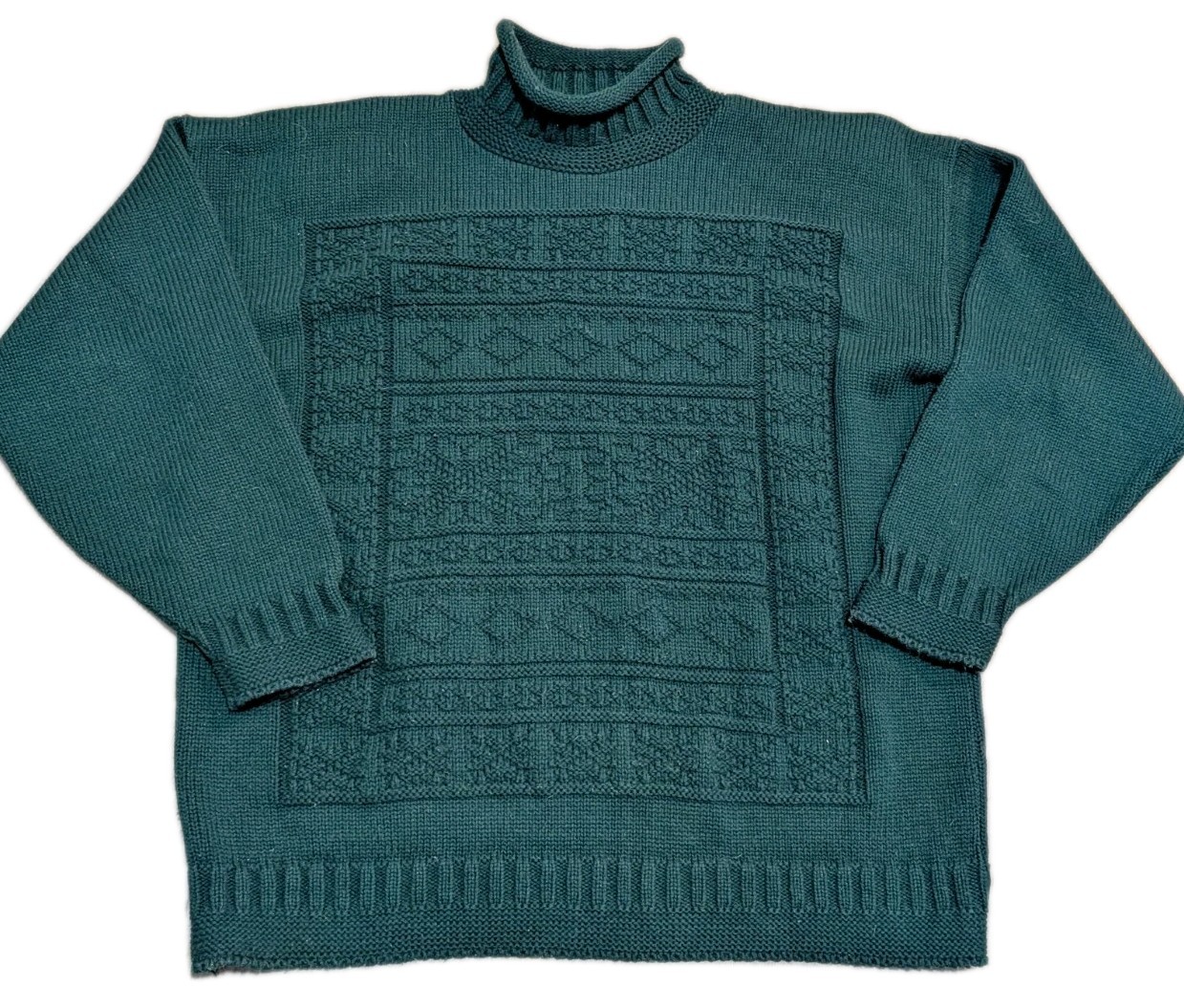Vtg Peggy’s Womens Acrylic Sweater Rollneck Shoulder Pads 3D Knit Green USA Made