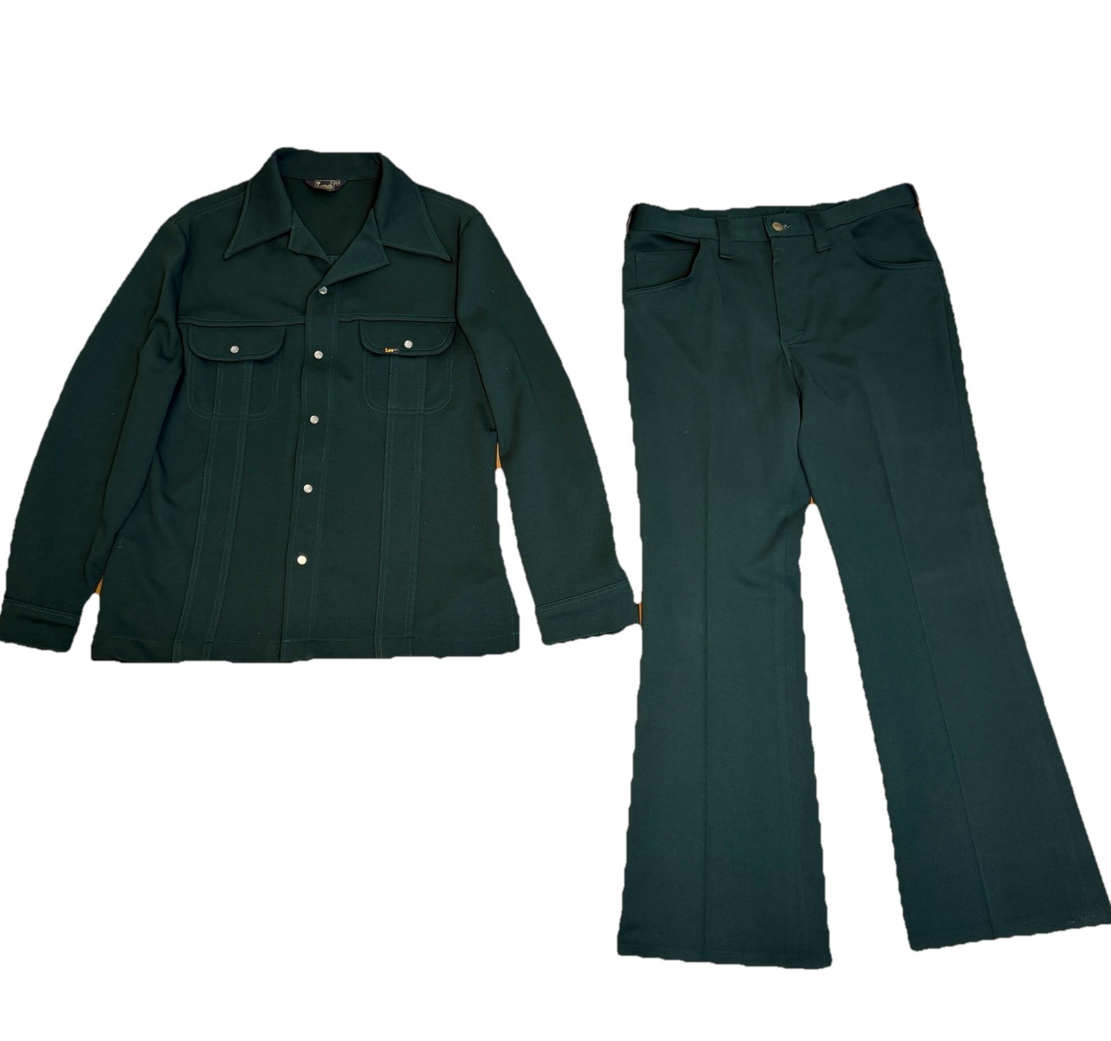 Vintage 70s Lee Leisure Suit Set Forest Green Bell Bottoms Union Made XL/L